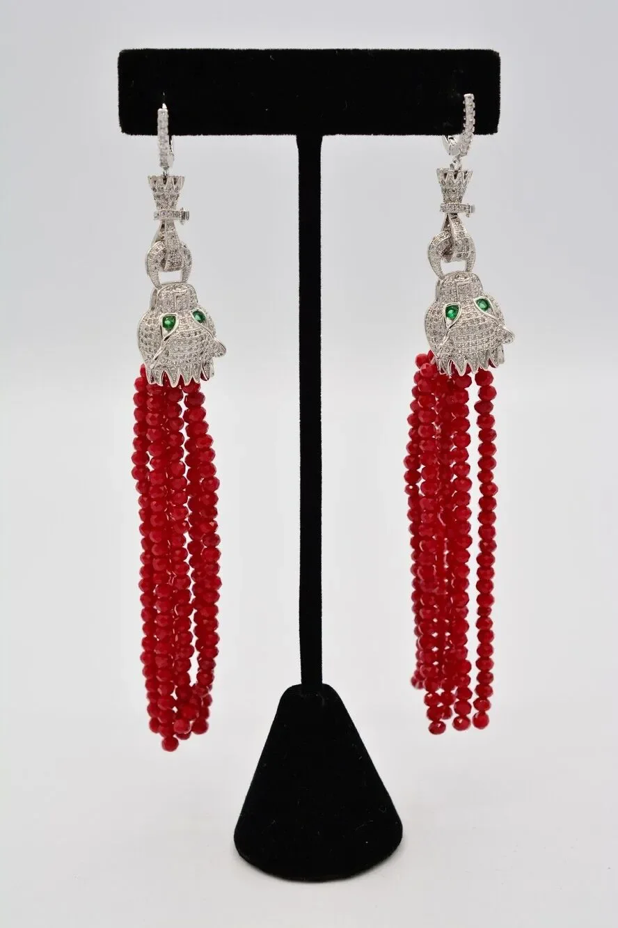 Vintage Jaguar Earrings Leopard Rhinestone Crystal Red Tassel Sparkling BinAA